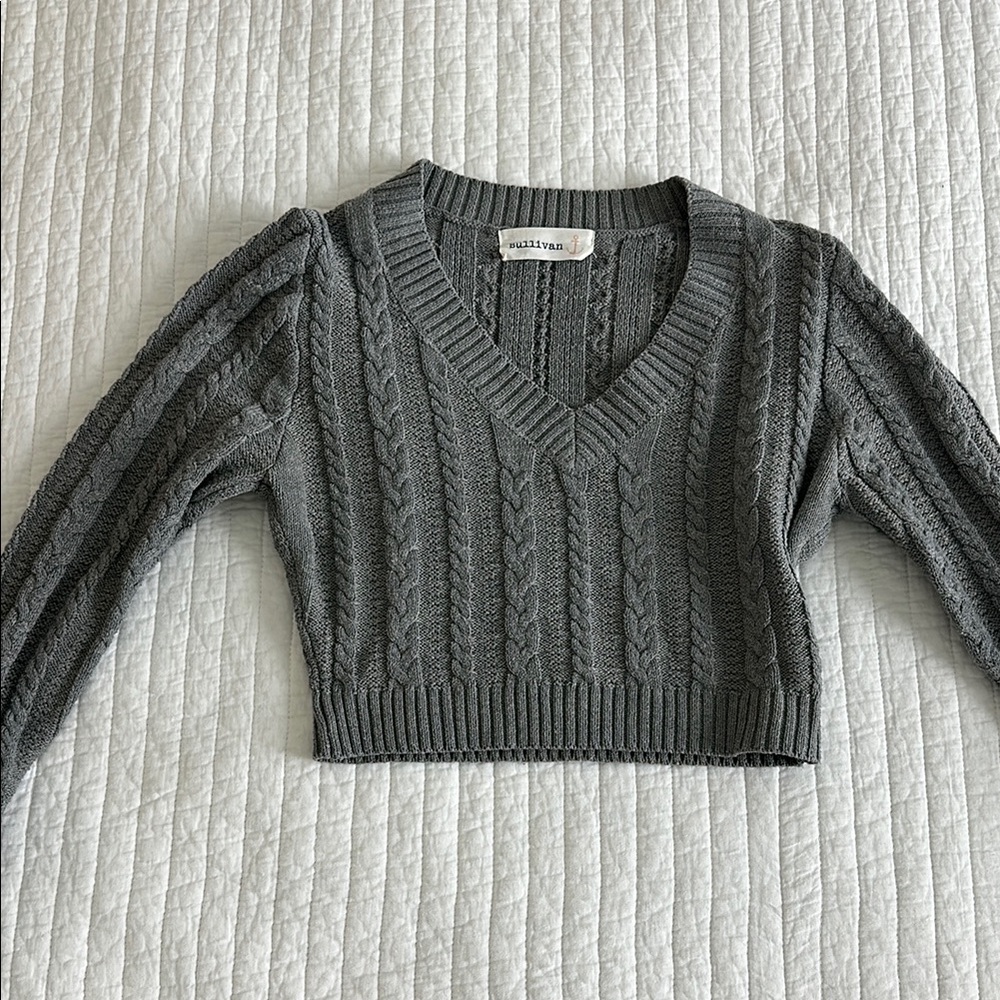 Gray V-Neck Cable Knit Sweater